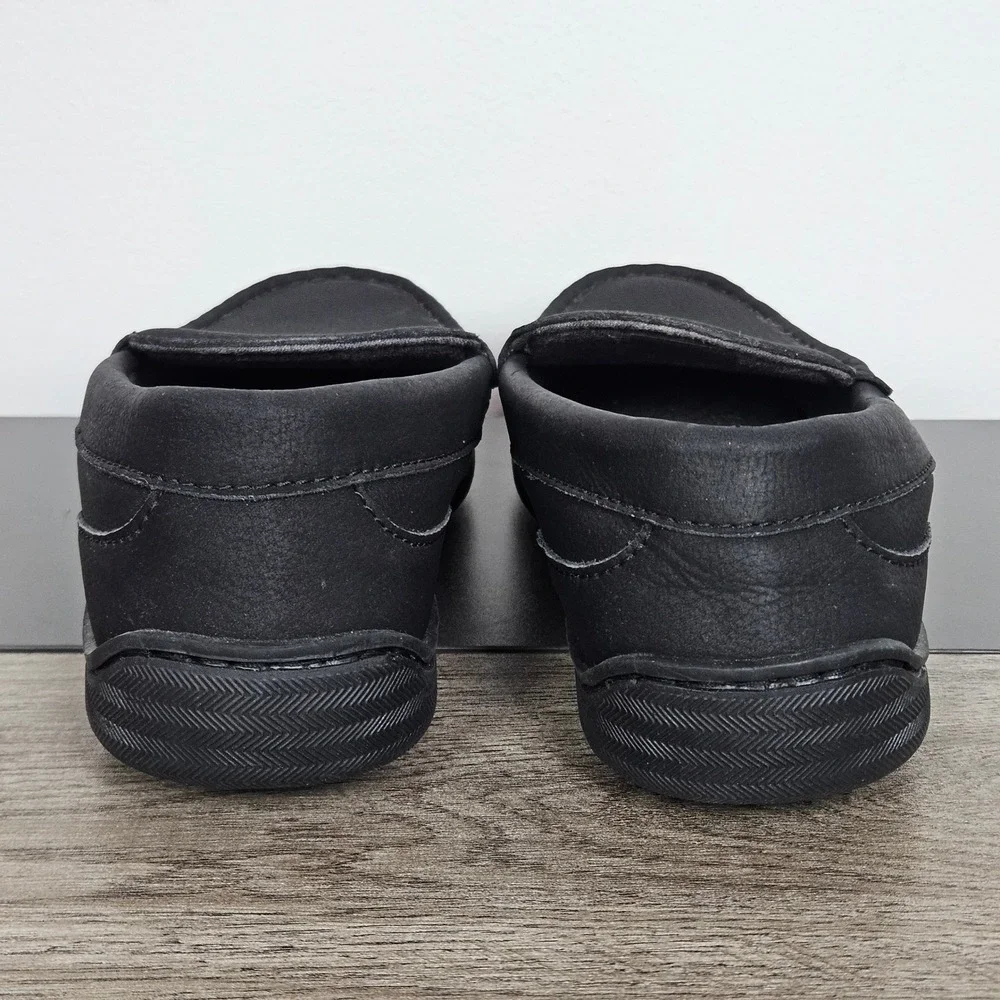 My Slippers Mens 9 Black Leather Moccasin Slippers Slip On House Shoes 74458-03